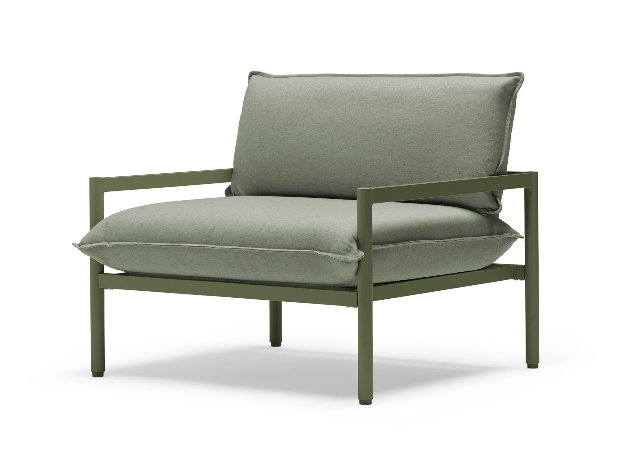 Front angle view of outdoor chair with green cushions and metal legs